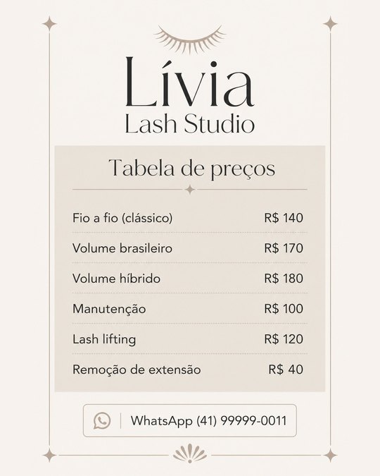 Tabela de preços do Livia Lash Studio, studio de exemplo gerado pelo kit