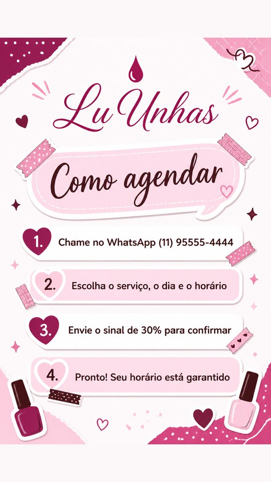 Post de como agendar da Lu Unhas, studio de exemplo gerado pelo kit