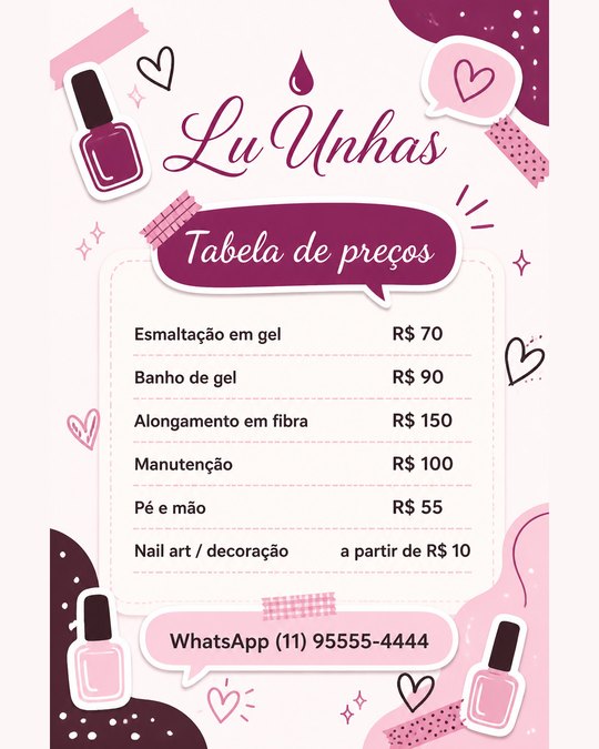 Tabela de preços com logo e cores da marca da Lu Unhas, studio de exemplo