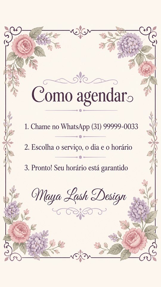 Post de como agendar do Maya Lash Design, studio de exemplo gerado pelo kit