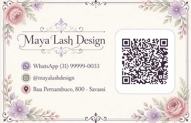 Verso do cartão de visita com QR code para agendar do Maya Lash Design, studio de exemplo, estilo Floral Delicado