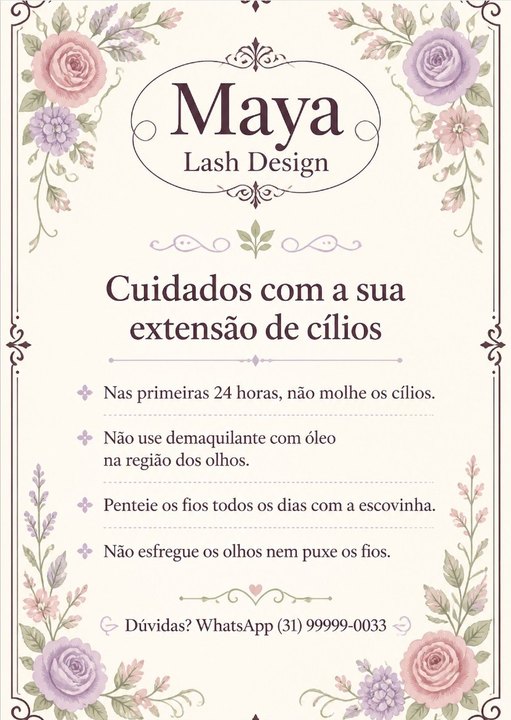 Cuidados depois da extensão do Maya Lash Design, studio de exemplo gerado pelo kit