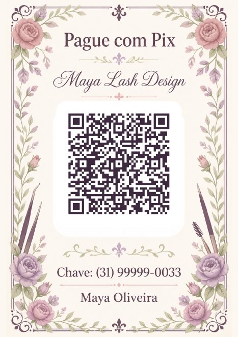 Placa Pix com QR code do Maya Lash Design, studio de exemplo, estilo Floral Delicado