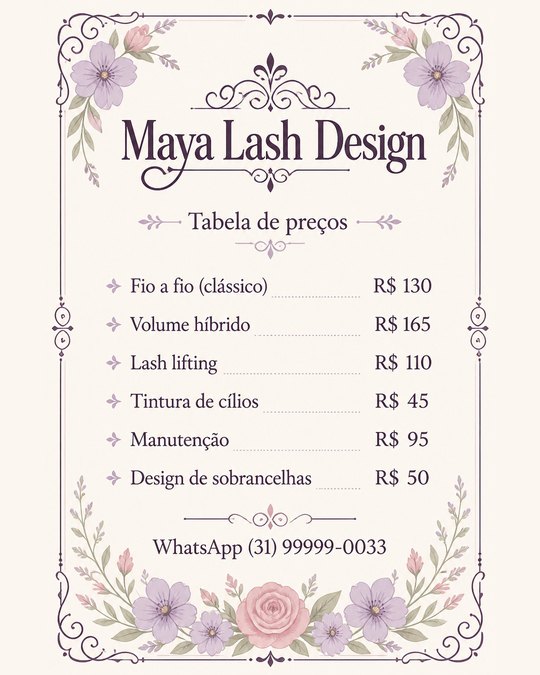 Tabela de preços do Maya Lash Design, gerada pelo kit