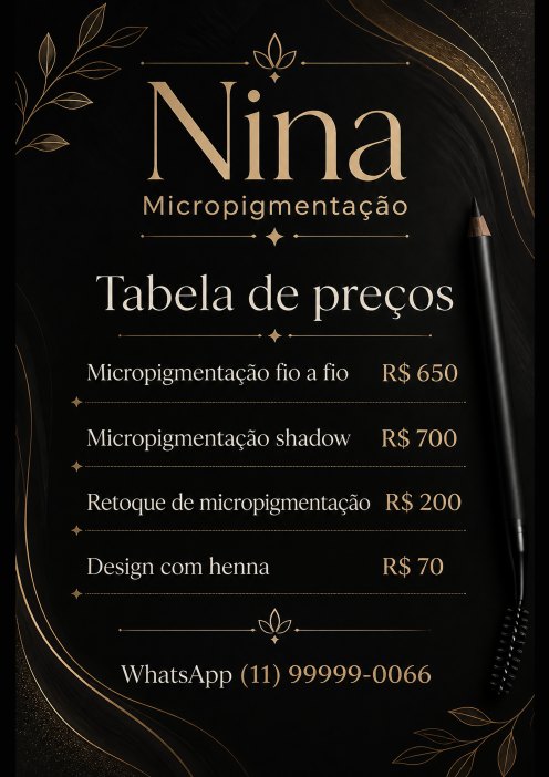 Tabela em A4 da Nina Micropigmentação, studio de exemplo gerado pelo kit