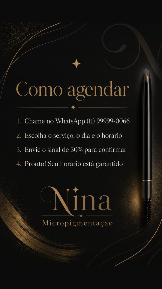 Story de como agendar do Nina Micropigmentação, studio de exemplo, estilo Black Premium