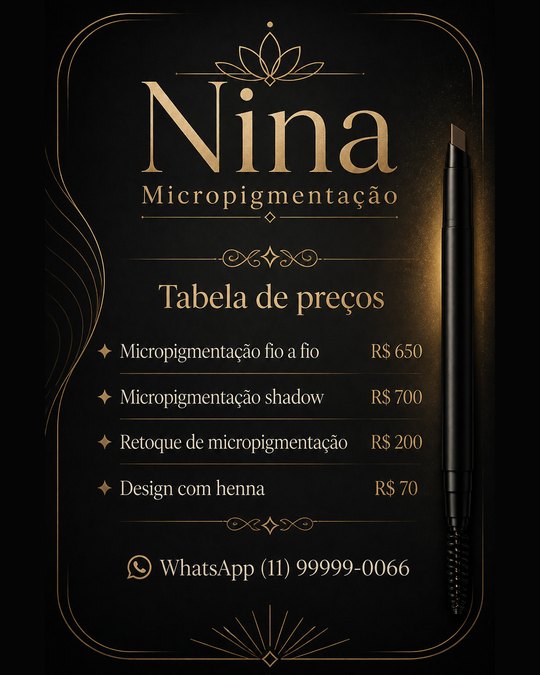 Tabela de preços do Nina Micropigmentação, gerada pelo kit