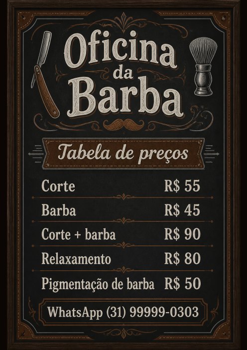 Tabela A4 para imprimir da Oficina da Barba, barbearia de exemplo
