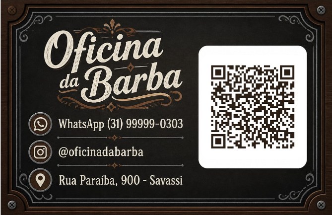 Verso do cartão de visita com QR code para agendar do Oficina da Barba, barbearia de exemplo, estilo Barbearia Industrial