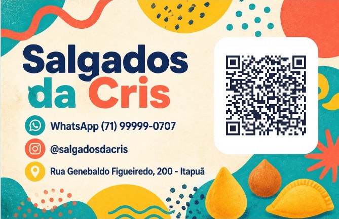 Verso do cartão de visita com QR code para agendar do Salgados da Cris, negócio de exemplo, estilo Moderno Colorido