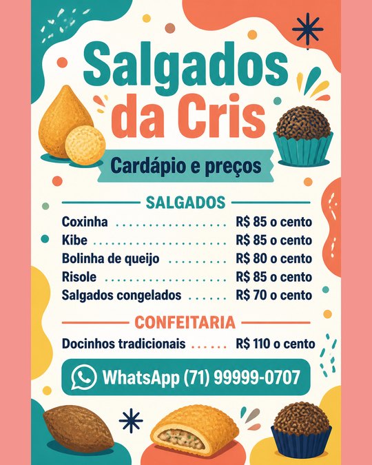 Tabela de preços do Salgados da Cris, gerada pelo kit