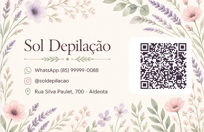 Verso do cartão de visita com QR code para agendar do Sol Depilação, studio de exemplo, estilo Floral Delicado