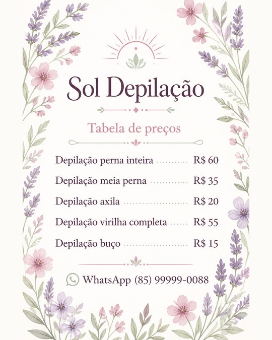 Tabela de preços do Sol Depilação, gerada pelo kit