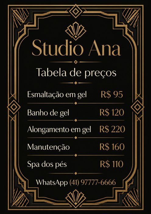 Tabela de preços A4 para imprimir do Studio Ana, studio de exemplo gerado pelo kit