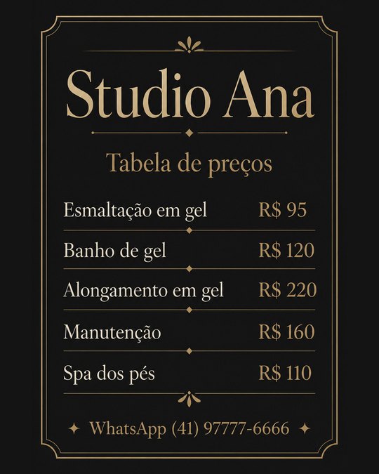Tabela de preços do Studio Ana, gerada pelo kit
